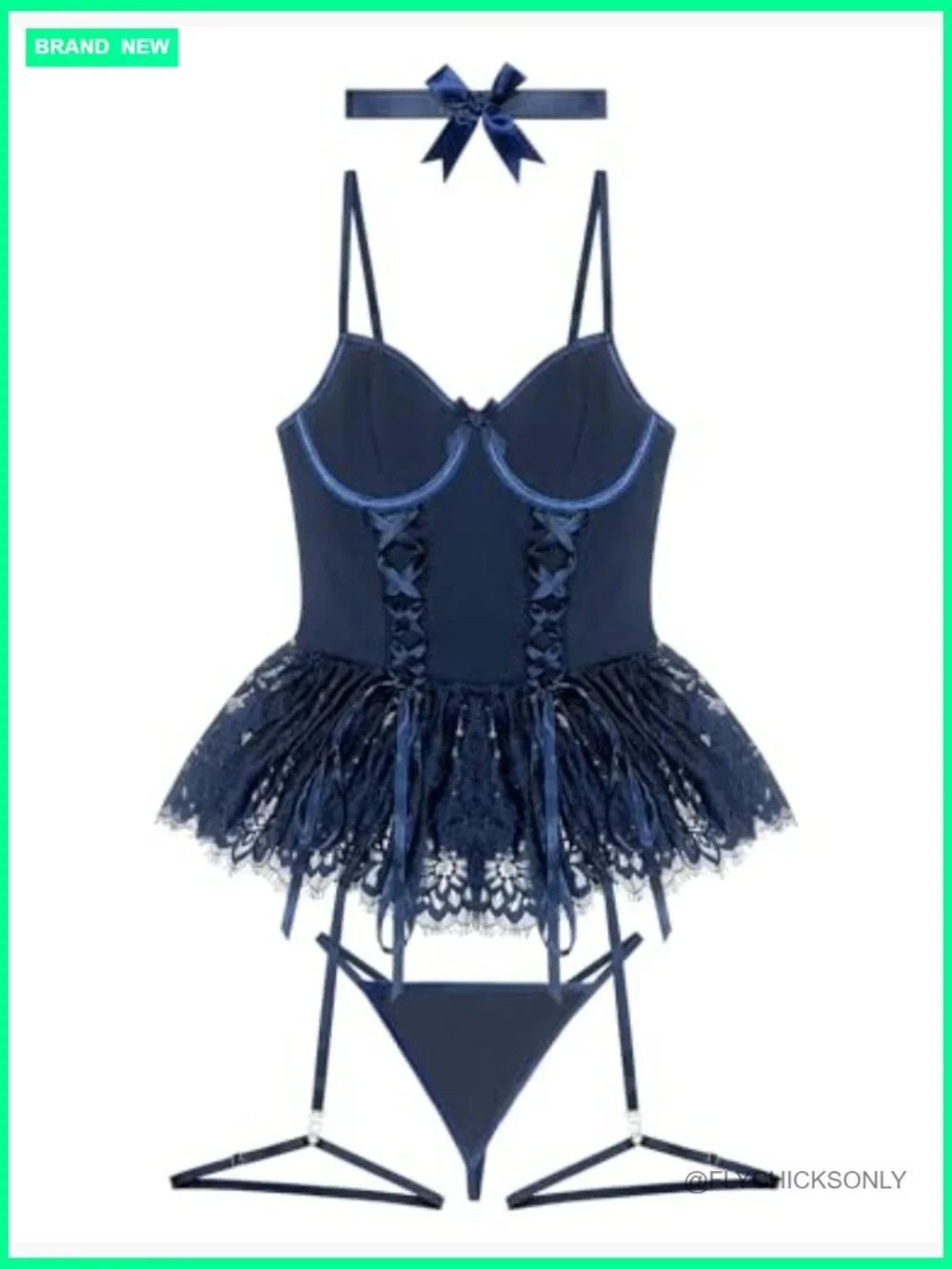 4-Piece Sexy Lace Up Corset Bodysuit Lingerie Set with Garter Belt and Bow Tie